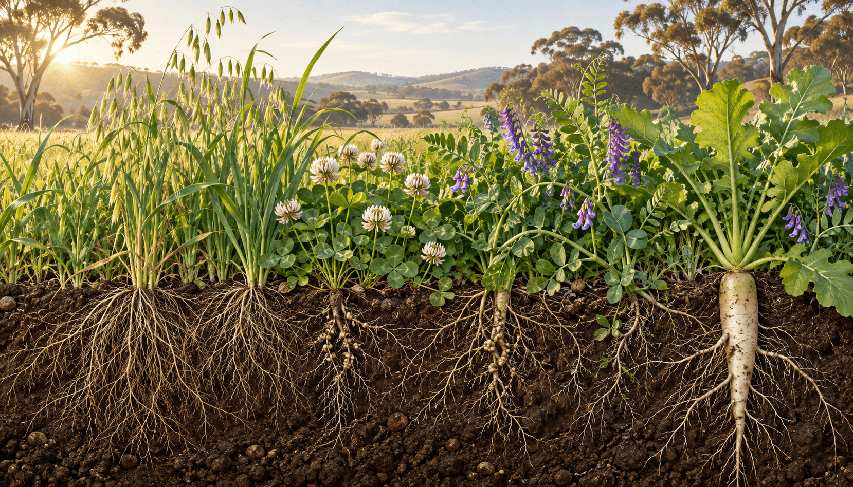 Cover crop species and their root systems below the soil line